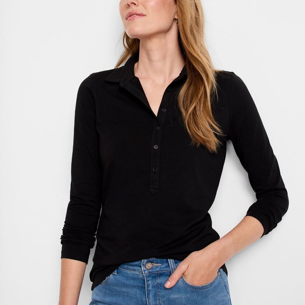 NWT NIC+ZOE Long Sleeve Polo Top Button-Up Placket Cotton Stretch Black - Small